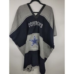 Dallas Cowboys NFL V Neck Poncho Shawl Gray Navy Blue Star Fringe